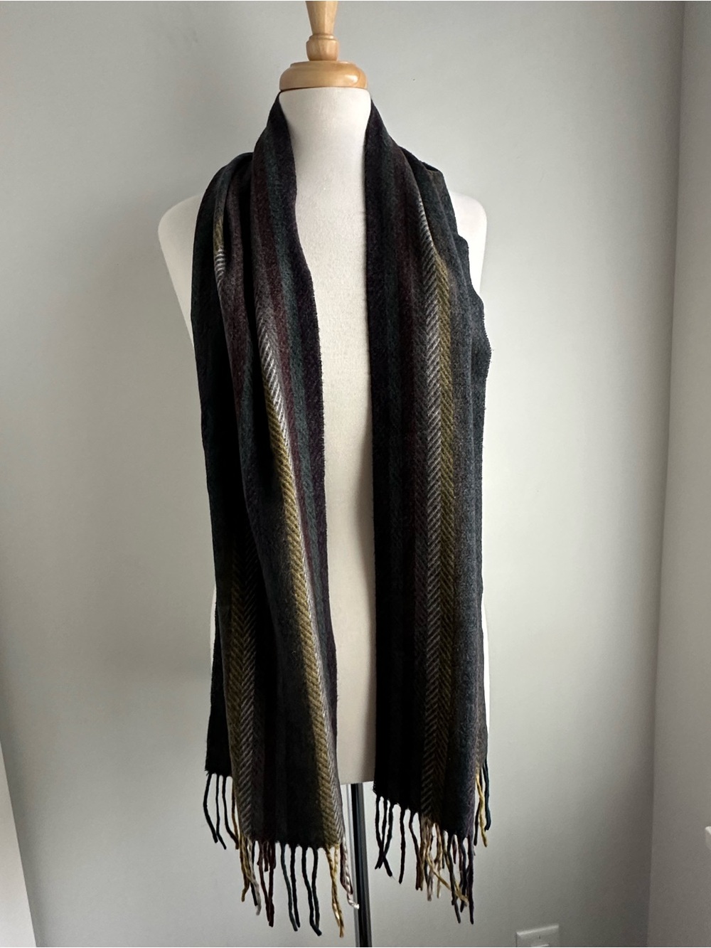 Black Brown 1826 Dark Gray Soft Multi-Stripe Fringe Acrylic Scarf 72” X 11.5”